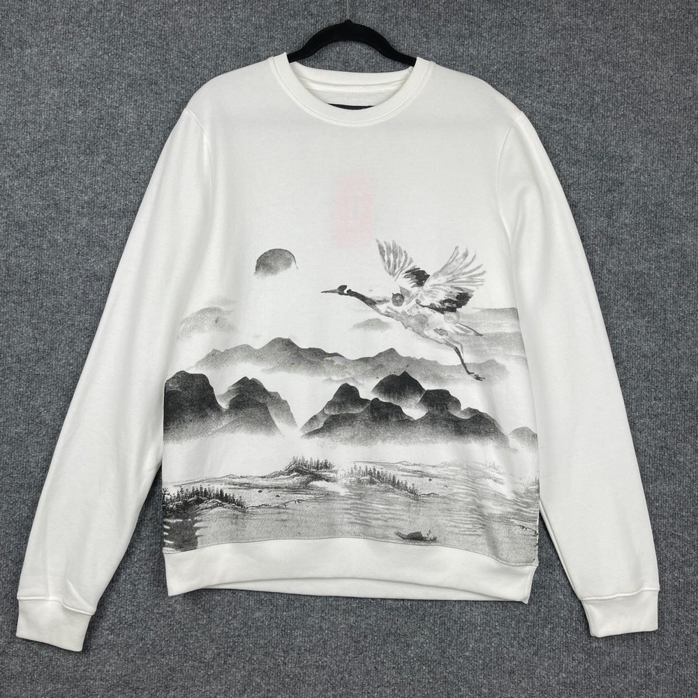 Blind Rooster Men's Sweatshirt Large White Crane Landscape Graphic Pullover NWT